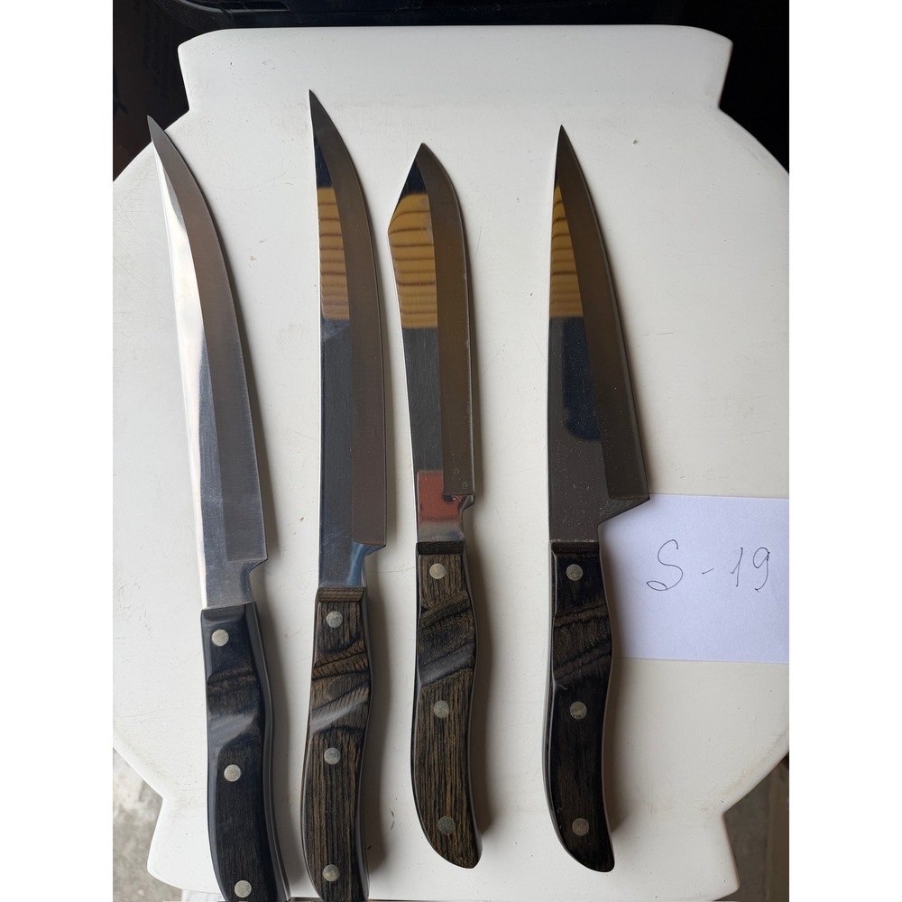 Vintage EKCO Arrowhead Knife Set 4 Piece Stainless Steel Wood Grain Handle USA